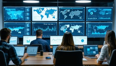 Equipe de consultoria trabalhando com gráficos e tecnologia de dados