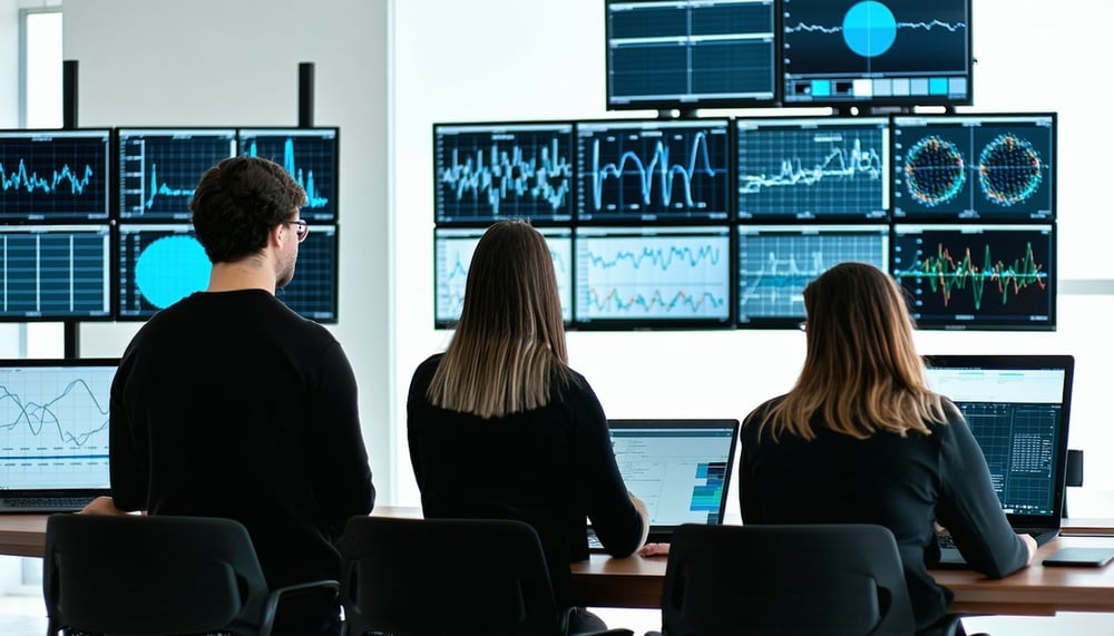 Equipe analisando dados em telas digitais